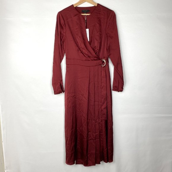 NWT Ted Baker London Neenha Long Sleeve Satin Midi Wrap Dress Red 1 - Picture 5 of 12